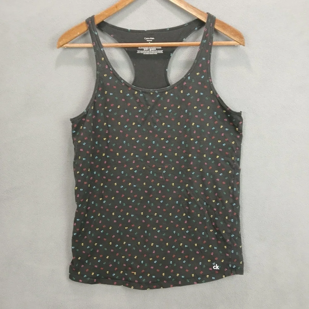 Calvin Klein Sleepwear Tank Top Womens Medium Navy All-Over Logo Print Racerback